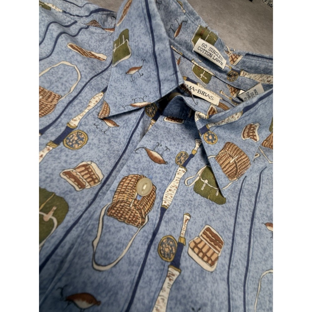 Vintage Burma Bibas Mens L Fishing Shirt Cotton Lawn Fly Rod Lure Novelty Print - Picture 7 of 11